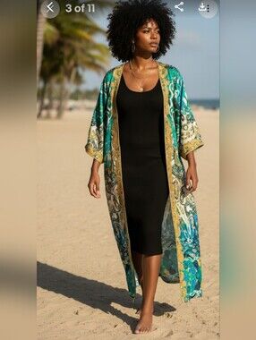 *LAST ONE**MANISH VAID- Silk Turquoise Emb.Pucci Island Prt. Kimono-NWT M